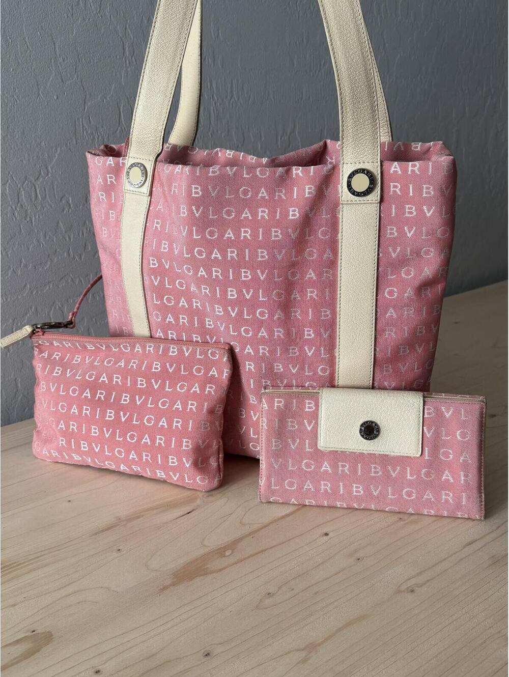 Vintage BVLGARI Logomania Canvas Set Salmon pink canvas with cream/beige leather